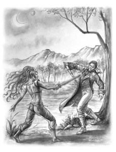 Lord Kabyl sword fighting with Princess Vroc of Xandarr by the edge of the River Torr (Carol Phillips)